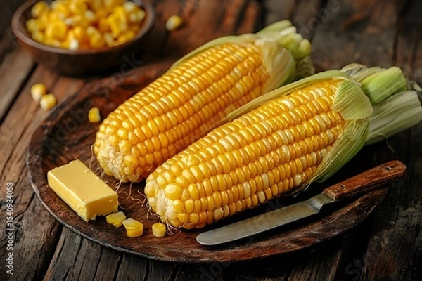 Fototapeta Boiled corn on the cob with melted butter and salt, freshly cooked and ready to serve, perfect for menu design or healthy food advertising. Juicy yellow corn. Summer, seasonal food. Vegetables. Diet. 