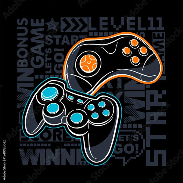 Obraz Illustration print for t-shirt with game joysticks. Vector illustration for boys. Grunge gamer design.