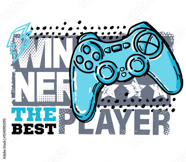 Obraz Illustration print for t-shirt with game joysticks. Vector illustration for boys. Grunge gamer design on white background