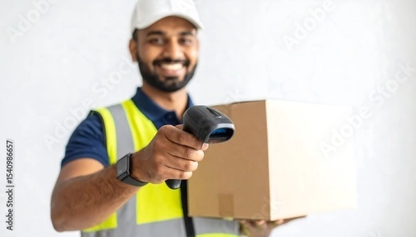 Fototapeta Delivery worker scanning package