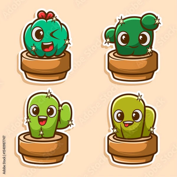 Obraz succulent cactus collection with kawaii expression