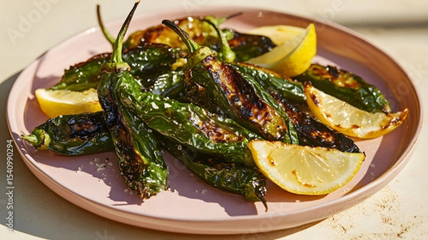 Fototapeta Grilled shishito peppers with lemon wedges on pastel pink platter