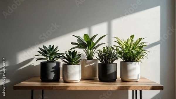 Fototapeta Potted Serenity: Sunlight bathes a collection of potted houseplants displayed on wooden table creating calm inviting atmosphere.