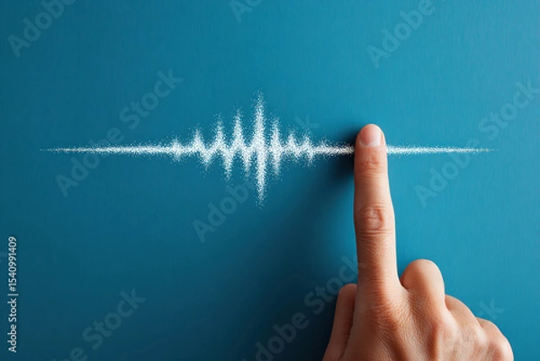 Fototapeta Voice control concept with finger touching sound wave on blue background for smart home technology use.