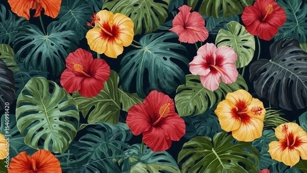 Fototapeta Tropical Hibiscus and Monstera Pattern: A vibrant, tropical floral pattern featuring lush hibiscus blossoms in varying colors and large, textured monstera leaves. Perfect for textile design.