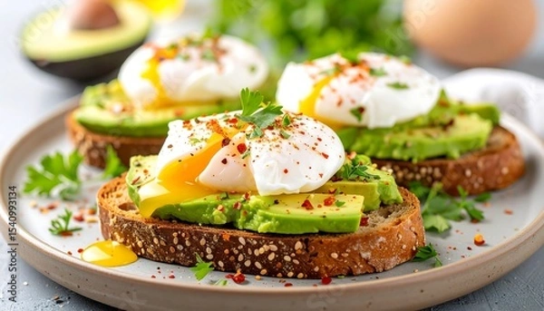 Fototapeta Avocado toast with poached eggs (1)