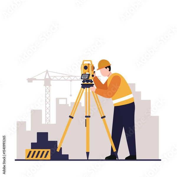 Fototapeta A construction surveyor using a theodolite stands in front of a cityscape illustration.