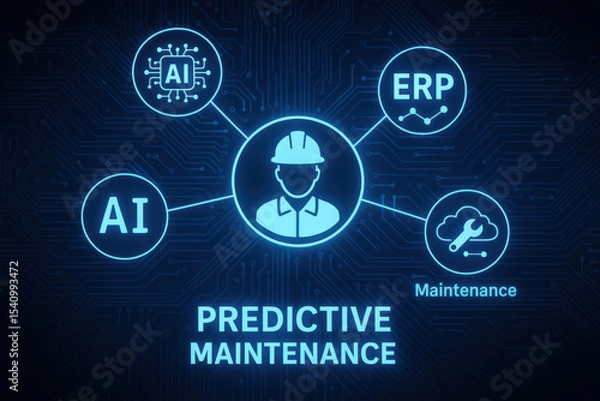 Fototapeta Predictive maintenance engineer concept with AI and ERP icons connected to worker symbol on digital circuit background