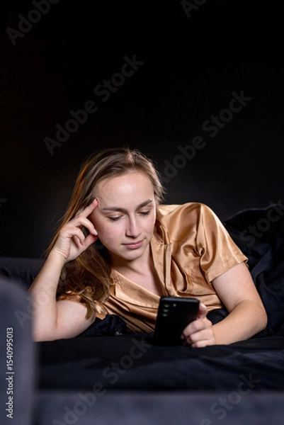 Fototapeta Happy female waking up and checking news on the mobile phone.