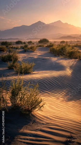 Obraz Beautiful sunset in desert with sand ripples, mountains in background, and lush vegetation creating serene atmosphere