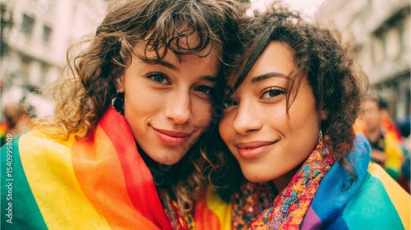 Obraz Happy multiracial lesbian couple wrapped in rainbow scarves, celebrating love and diversity at pride event, radiating joy and connection