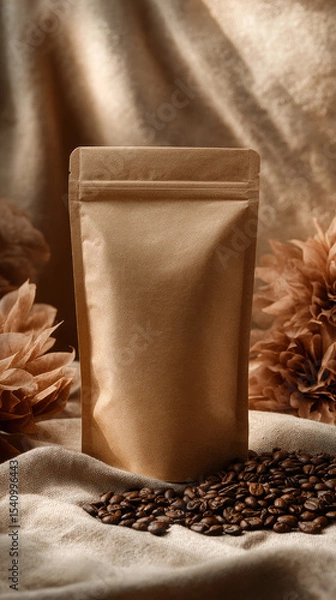 Obraz Realistic brown doypack stands prominently among coffee beans, surrounded by soft floral elements, creating warm and inviting atmosphere