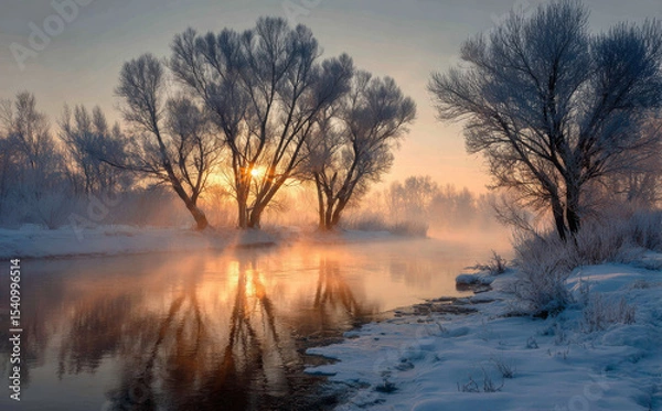 Obraz Winter landscape with trees and river at sunrise, showcasing serene atmosphere with mist rising from water and frosty branches