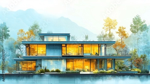 Fototapeta Architectural Illustration of Sustainable Design Workflows As Engineers Measure and Inspect Construction Performance Using Bim and Ai In Premium Project Development