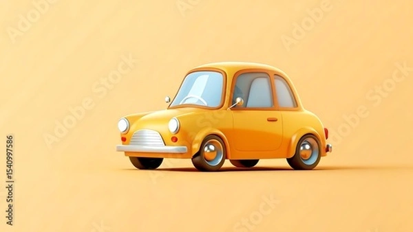 Fototapeta A charming yellow cartoon car with a retro design against a soft yellow background
