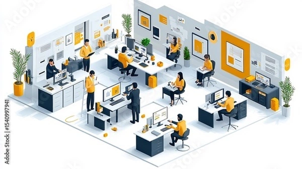 Fototapeta Art Illustration of Architects Creating Three Dimensional Project Models Using Computer Systems to Ensure Regulation Alignment and Design Impact