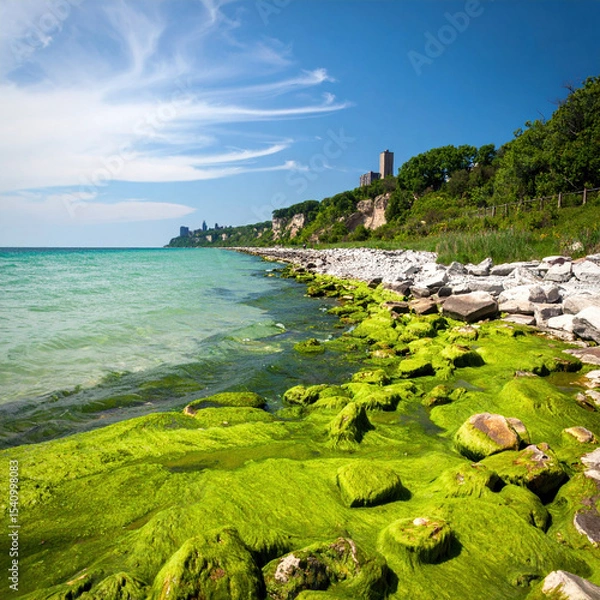 Fototapeta Vibrant summer scene at Lake Erie showcasing lush green algae bloom along rocky shoreline, with clear blue skies and distant buildings creating picturesque landscape