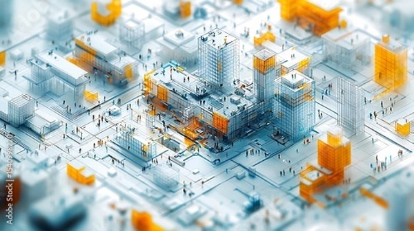 Fototapeta Art Illustration of Architects Creating Three Dimensional Project Models Using Computer Systems to Ensure Regulation Alignment and Design Impact