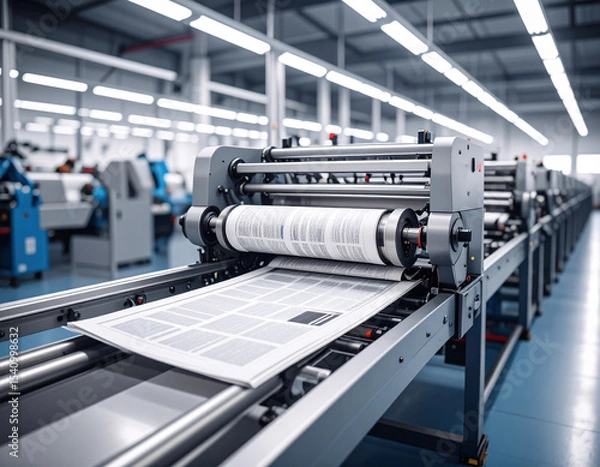 Fototapeta High tech printing press in factory, showcasing newspapers being printed with precision and efficiency. modern machinery highlights advanced technology used in printing industry