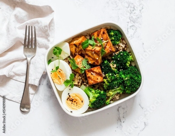 Fototapeta Minimalist Bento Box with Tofu, Broccoli, Brown Rice and Soft-Boiled Egg