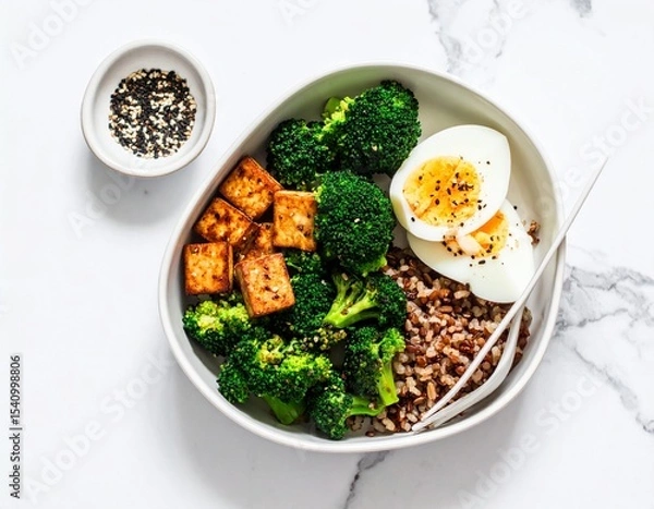 Fototapeta Minimalist Bento Box with Tofu, Broccoli, Brown Rice and Soft-Boiled Egg