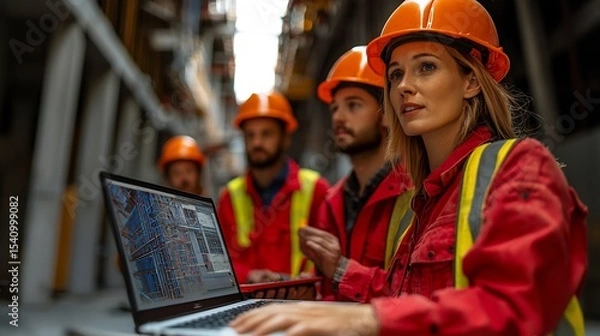 Obraz Background Image of a Team Using Laptops and Ai Software to Model Structural Beams and Inspect Concrete During Urban Development Construction