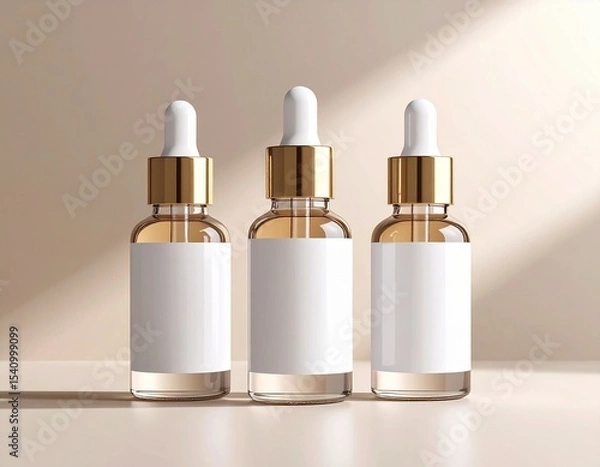 Fototapeta Three Skincare Dropper Bottles Mockup on Beige Background