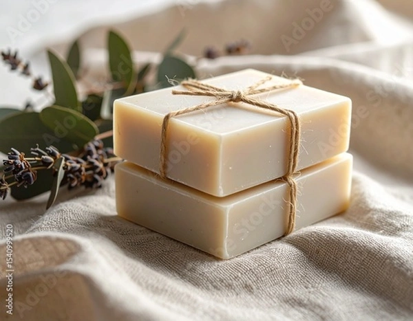 Fototapeta Stacked Eco Soap Bars with Dried Lavender and Eucalyptus