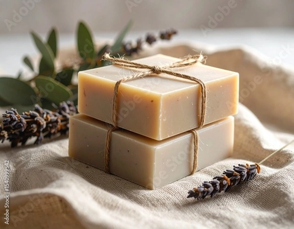 Fototapeta Stacked Eco Soap Bars with Dried Lavender and Eucalyptus