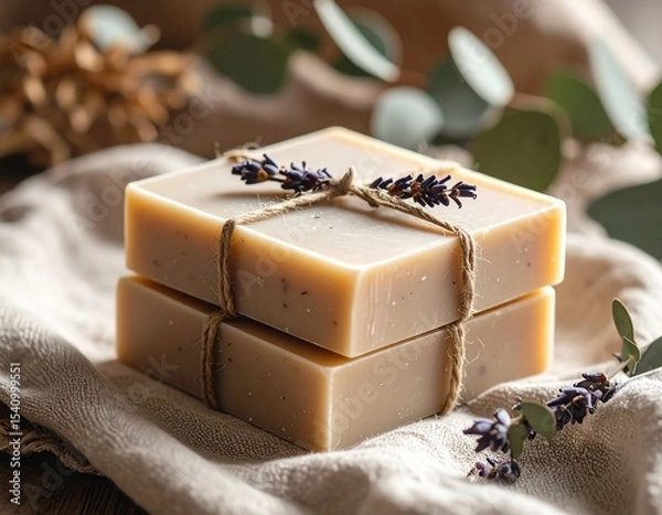 Fototapeta Stacked Eco Soap Bars with Dried Lavender and Eucalyptus