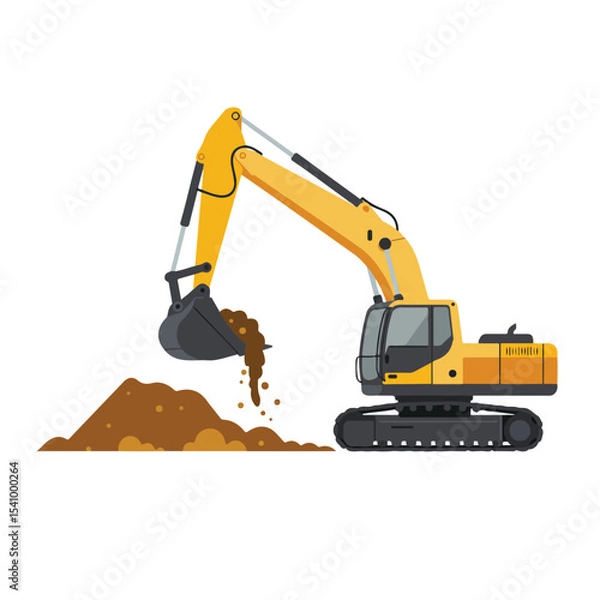 Fototapeta Vector illustration of a yellow excavator digging soil and dumping it onto a pile.