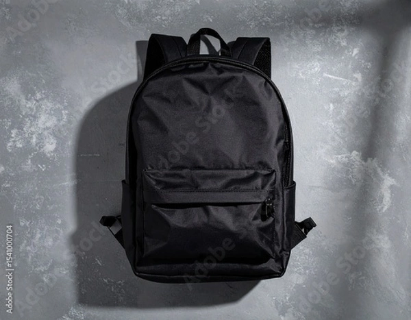 Fototapeta Matte Black Backpack on Concrete Background – Top View