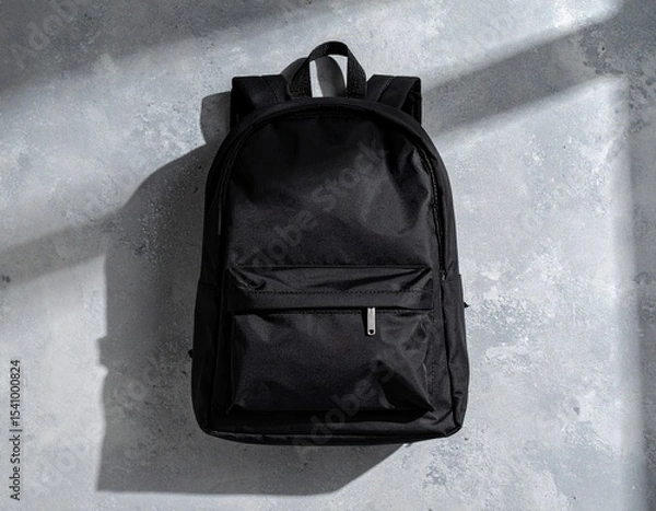 Fototapeta Matte Black Backpack on Concrete Background – Top View