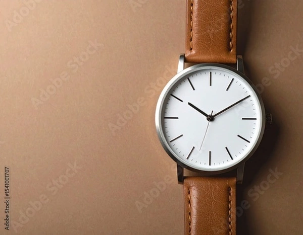 Fototapeta White Wristwatch with Caramel Leather Strap on Brown Background