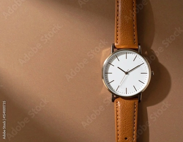 Fototapeta White Wristwatch with Caramel Leather Strap on Brown Background