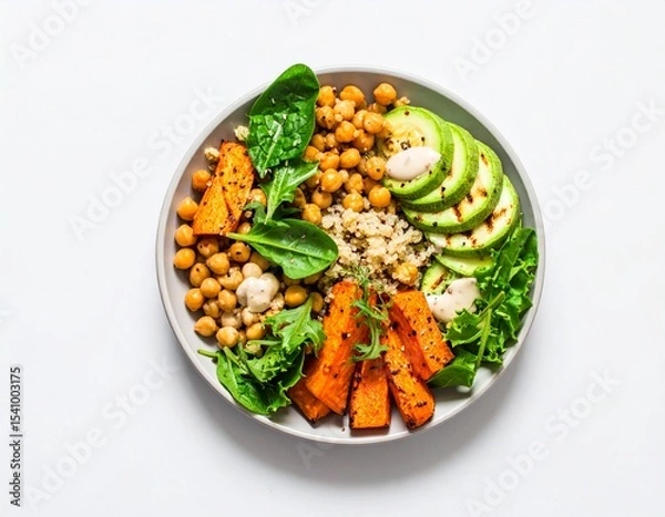 Fototapeta Healthy Lunch Plate with Quinoa, Sweet Potatoes, and Chickpeas – Top View