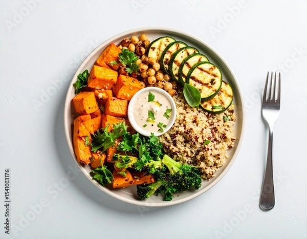 Fototapeta Healthy Lunch Plate with Quinoa, Sweet Potatoes, and Chickpeas – Top View