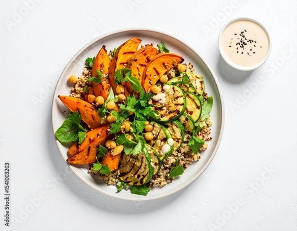 Fototapeta Healthy Lunch Plate with Quinoa, Sweet Potatoes, and Chickpeas – Top View