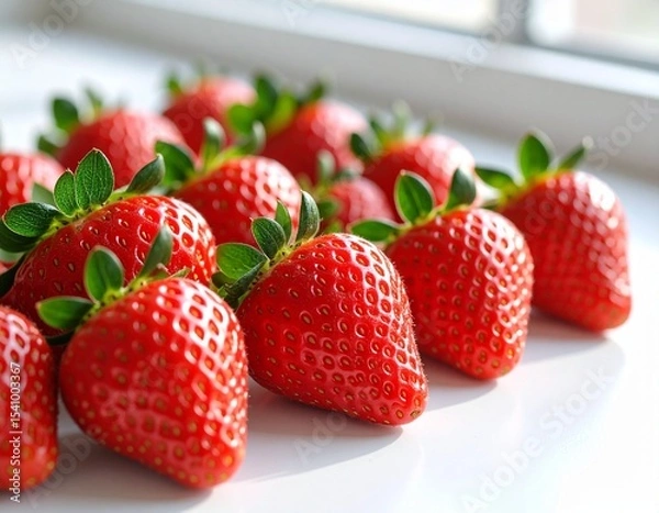 Fototapeta Fresh Strawberries with Leaves – Closeup on White Background
