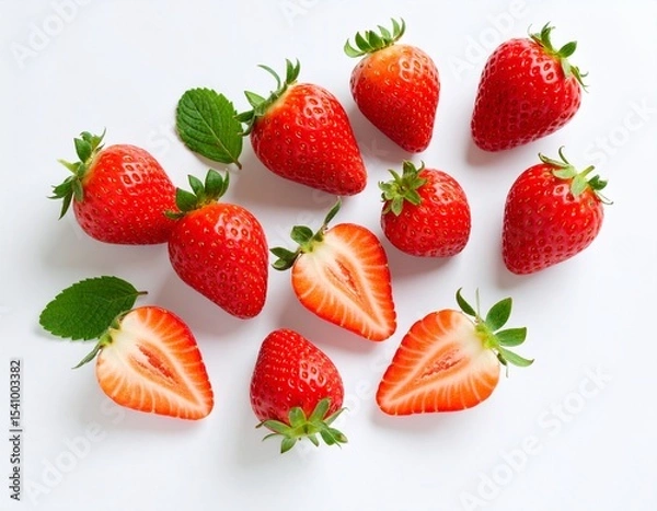 Fototapeta Fresh Strawberries with Leaves – Closeup on White Background