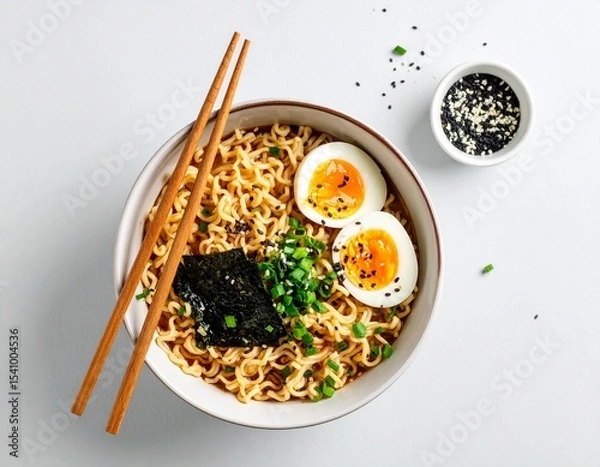 Fototapeta Ramen Bowl with Soy Egg, Nori and Scallions – Minimalist Flat Lay