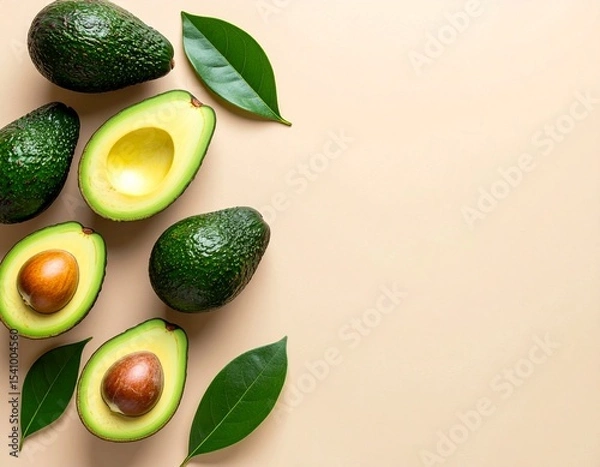 Fototapeta Fresh Avocados with Green Leaves – Whole and Halved