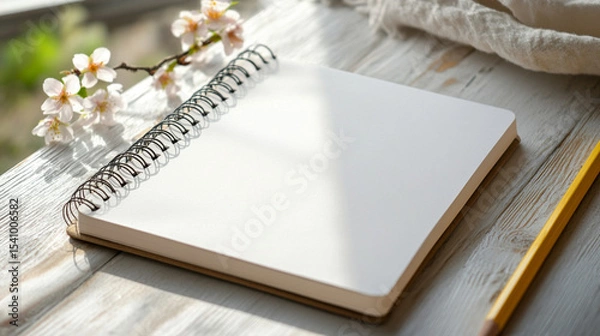 Fototapeta Realistic Mockup of Blank Spiral Notebook with Pencil and Flower, Generative AI