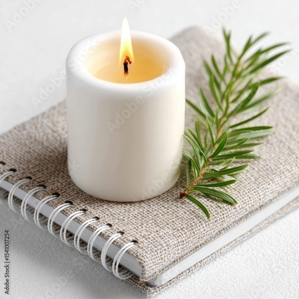 Obraz A lit white candle and a sprig of green leaves rest on a textured spiral notebook, creating a calm and cozy atmosphere.