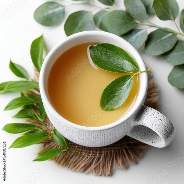 Obraz A white ceramic cup filled with herbal tea, garnished with fresh green leaves, resting on a natural woven coaster surrounded by assorted green foliage.