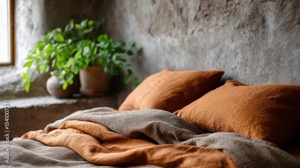 Obraz Cozy bed with textured rust-colored pillows and blankets beside a window, featuring a rustic wall and a green potted plant on the windowsill.
