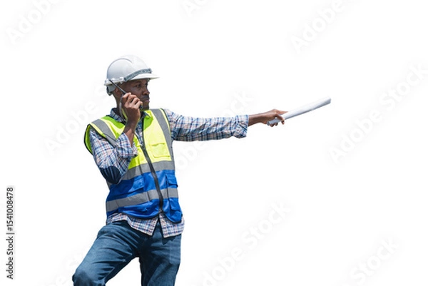 Obraz African American Engineer Directing Work on Construction Project, Foreman with Plans and Radio at Building Site, Construction Site Manager Communicating on Walkie-Talkie