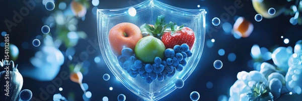 Fototapeta A blue shield symbol surrounded by a vibrant, diverse assortment of fresh fruits and vegetables, representing food safety and health