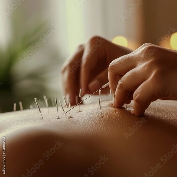 Fototapeta A serene acupuncture session for World Acupuncture Day Focus on the acupuncture needles