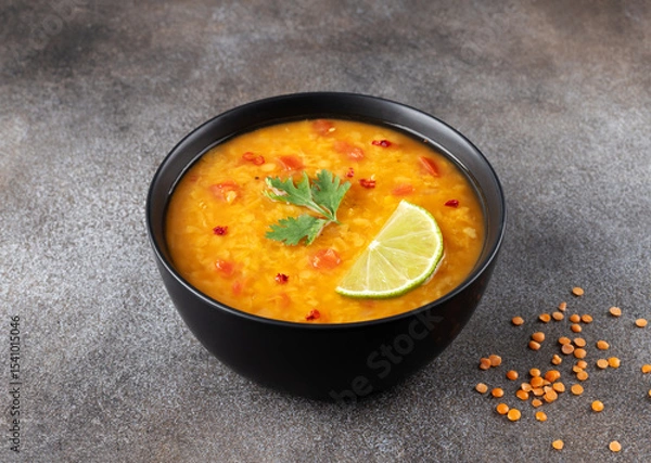 Fototapeta Red lentil soup with spices and fresh herbs on a gray background. Indian dal soup.
